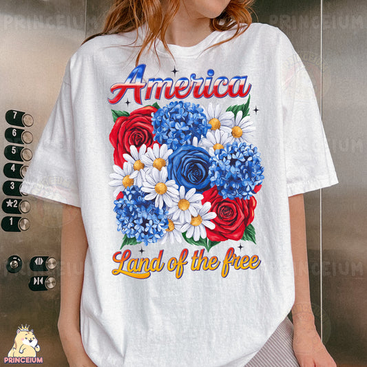 a woman wearing an american land of the free t - shirt