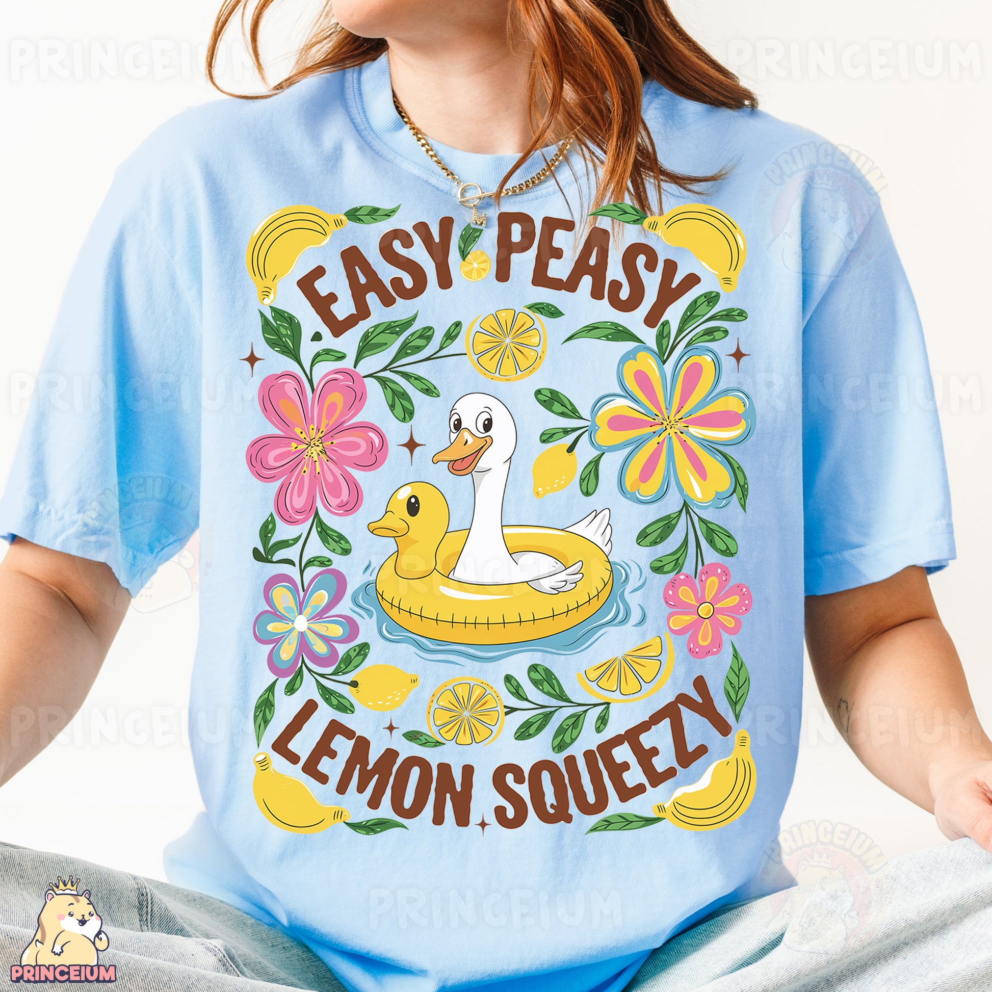 a woman wearing a t - shirt with a picture of a duck on it