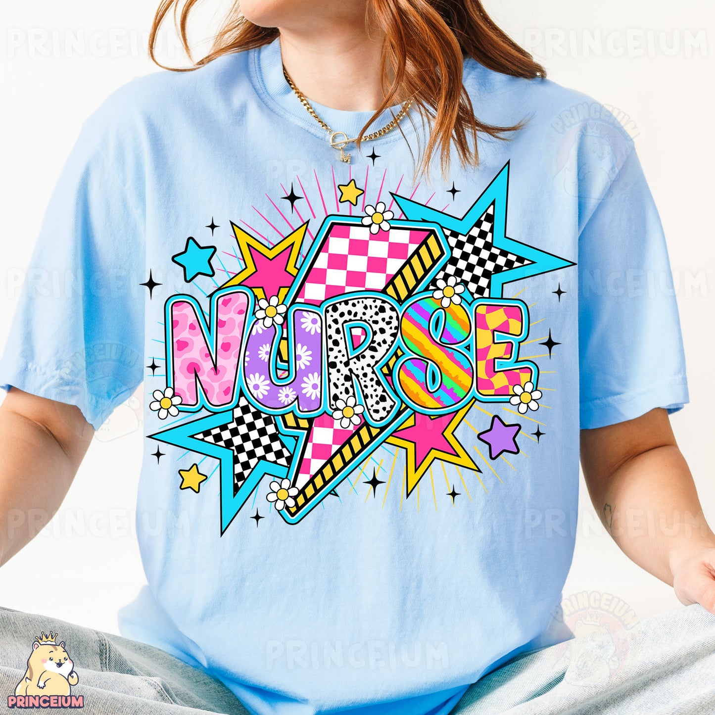 a woman sitting on a bed wearing a blue t - shirt