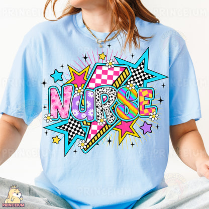 a woman sitting on a bed wearing a blue t - shirt