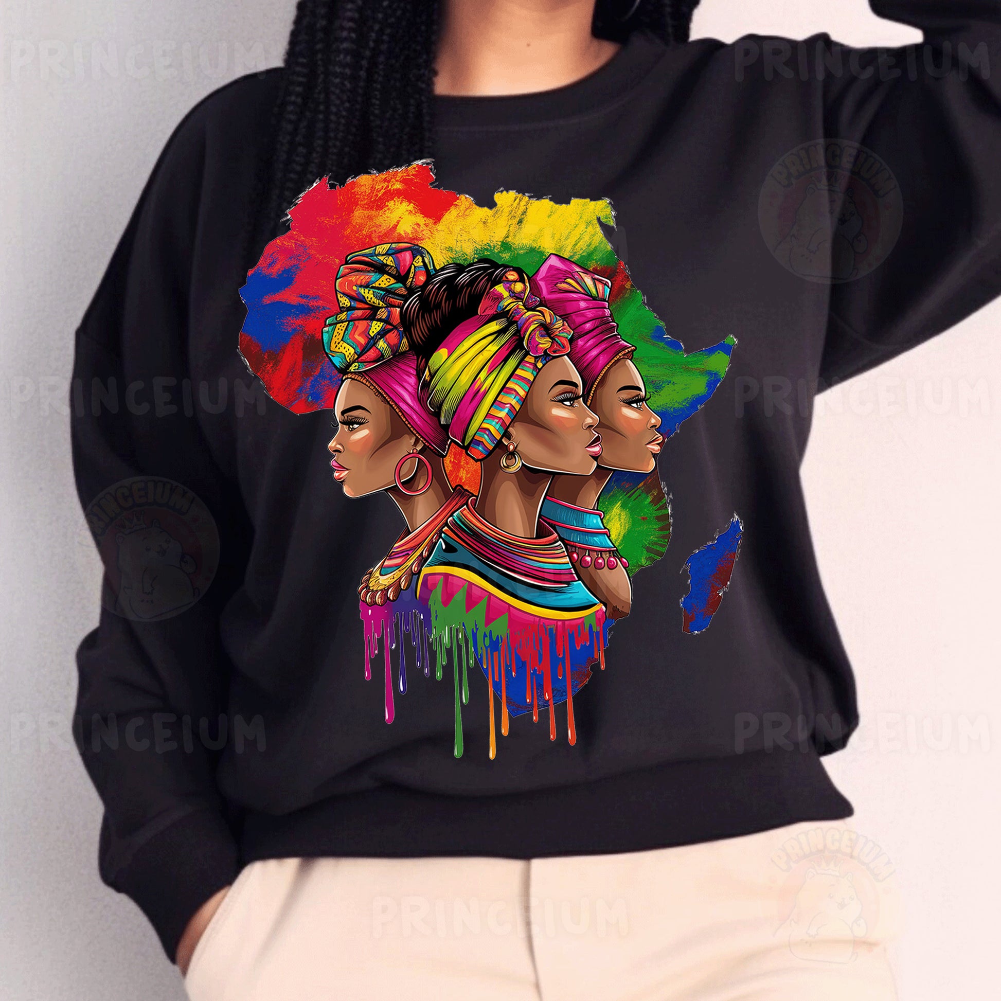 a woman wearing a black sweatshirt with a painting of two women