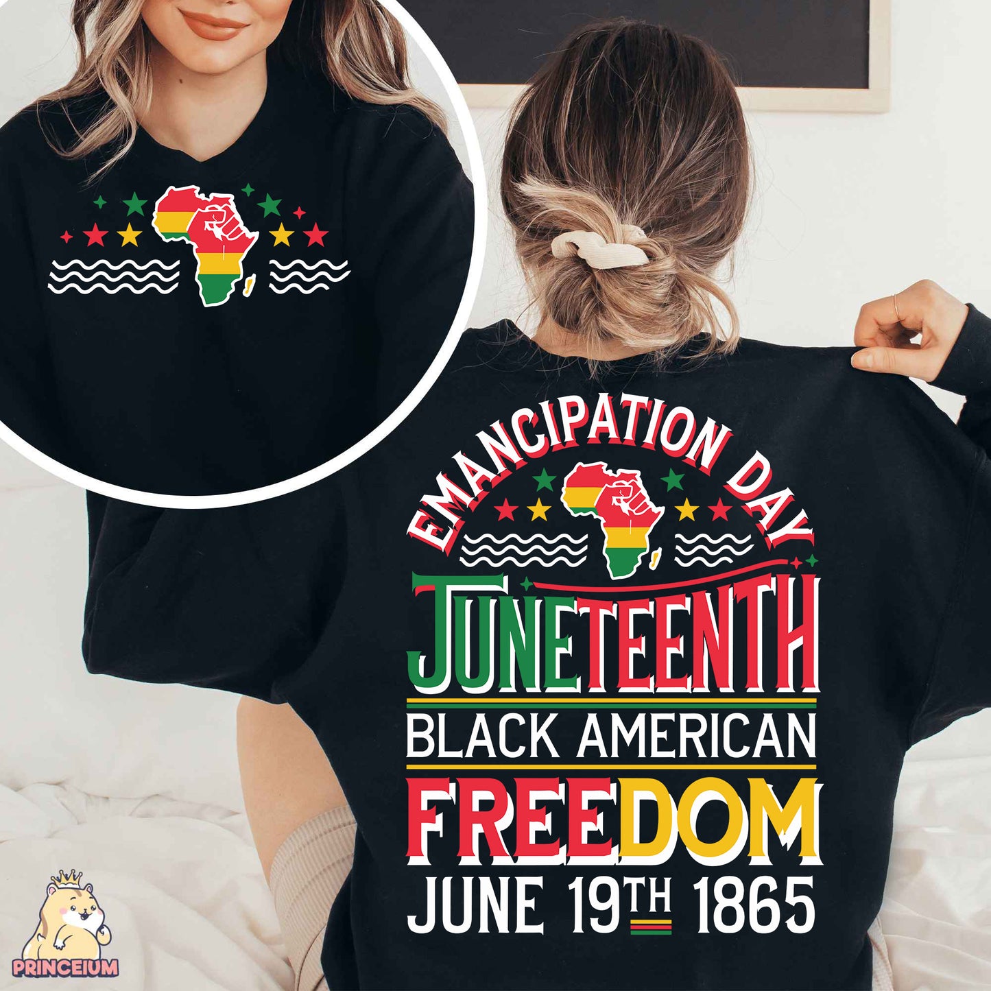 a woman wearing a black t - shirt with the message black american freedom on it