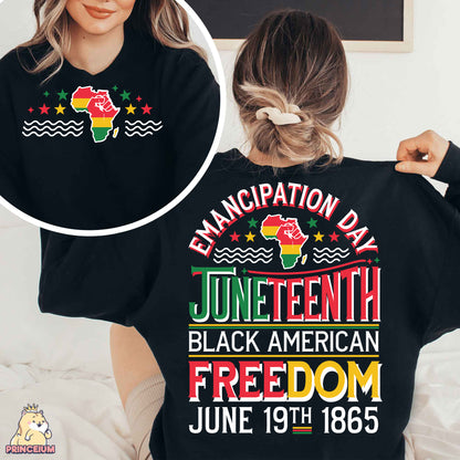 a woman wearing a black t - shirt with the message black american freedom on it