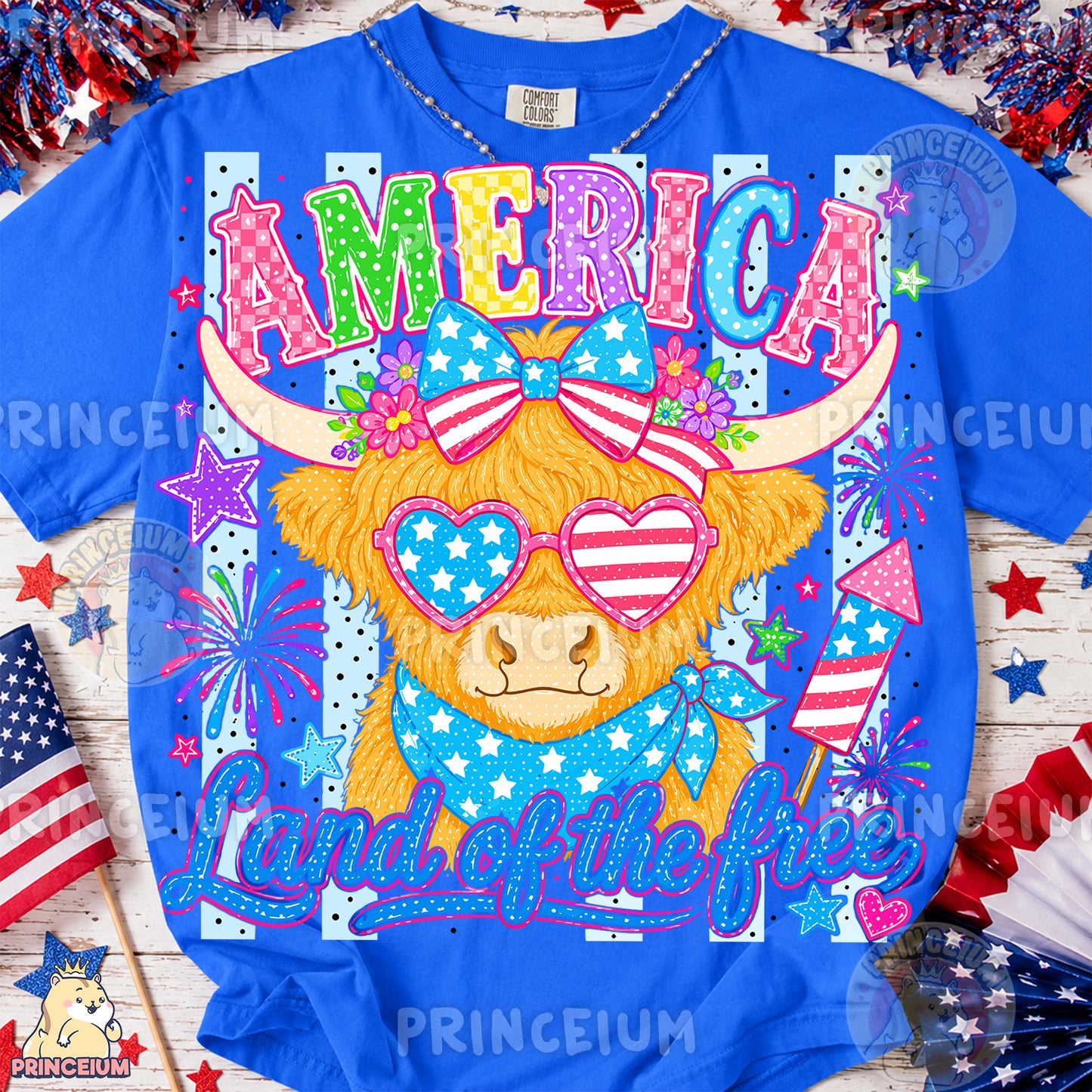 America Land of the Free PNG, Patriotic Highland Cow 4th of July Design, Americana Sublimation Graphic