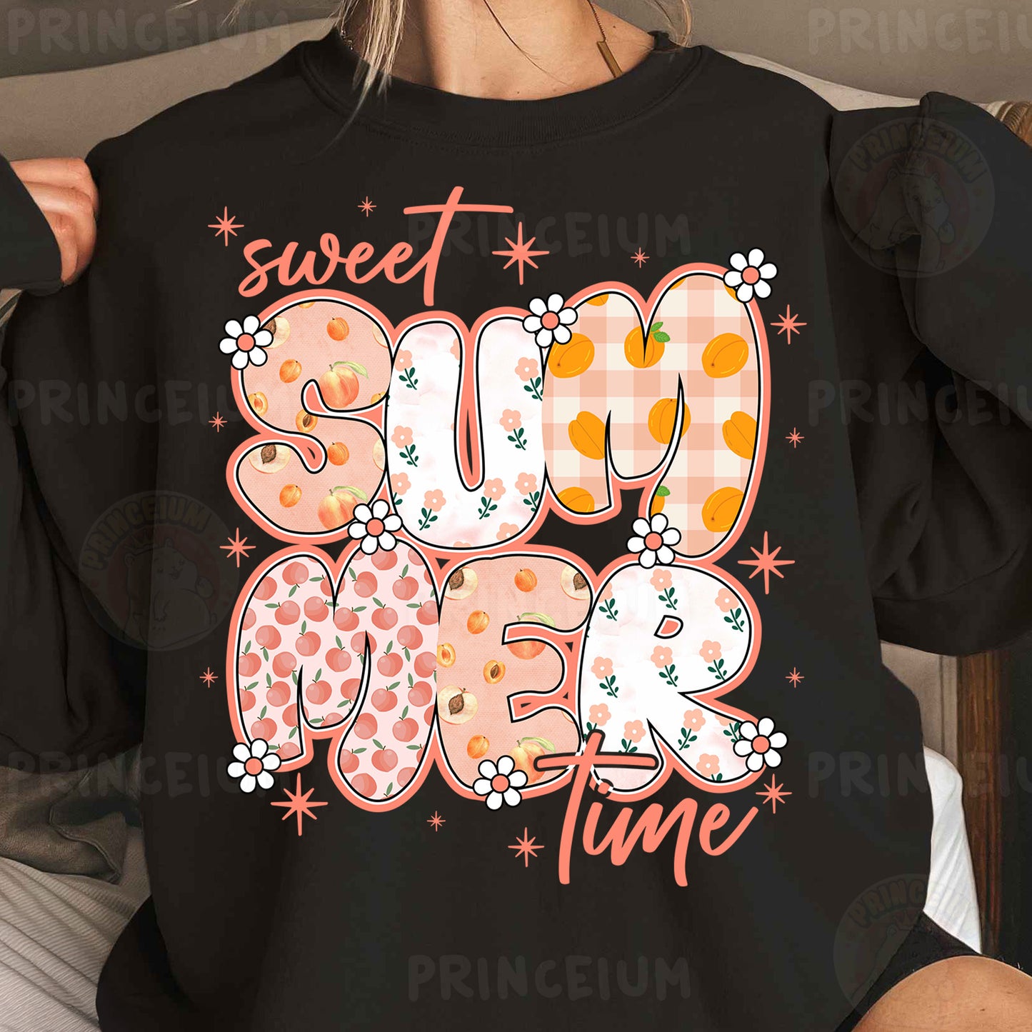 a woman wearing a black sweatshirt that says sweet summer time