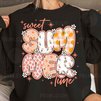 a woman wearing a black sweatshirt that says sweet summer time