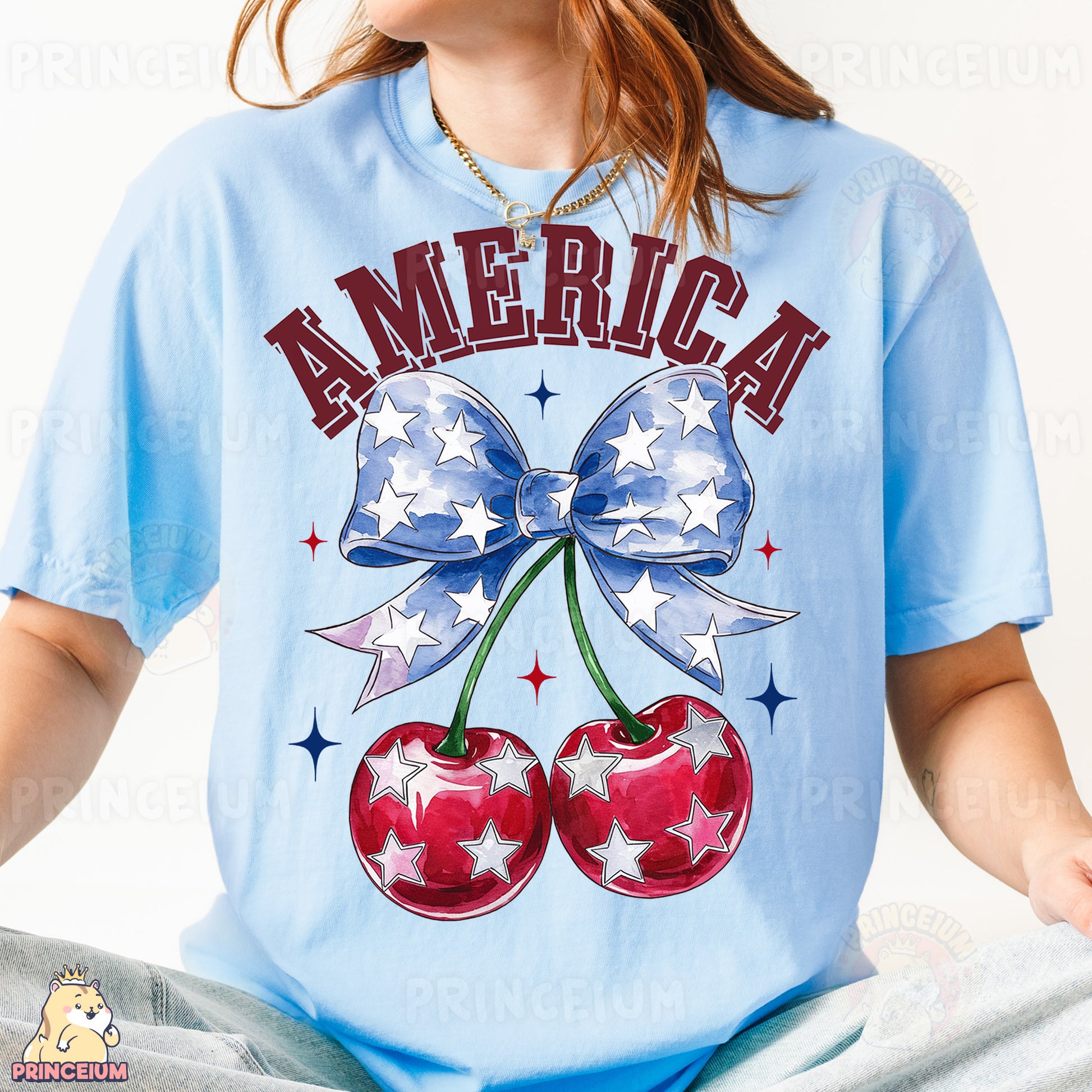 a woman wearing a blue american cherry t - shirt