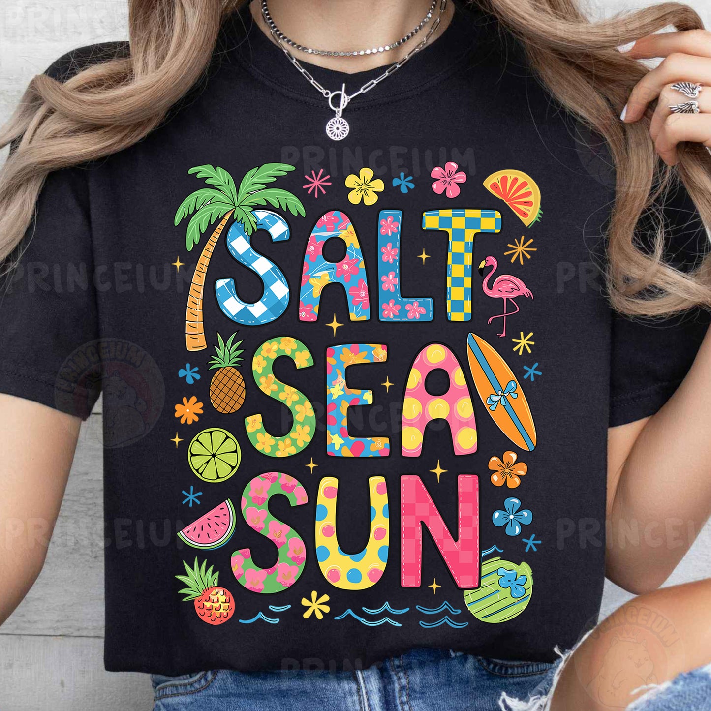a woman wearing a t - shirt that says salt sea sun