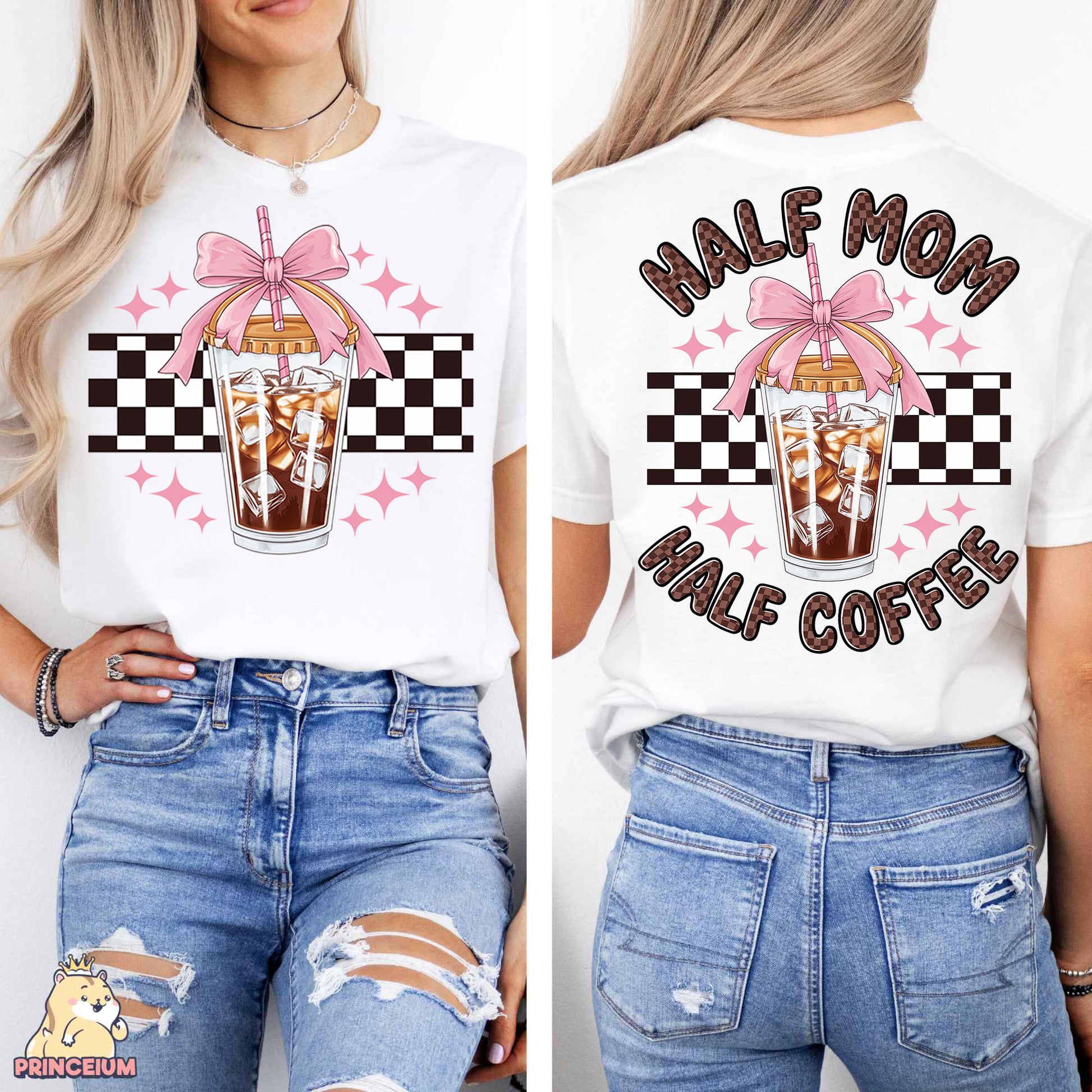a woman wearing a half mom half coffee shirt