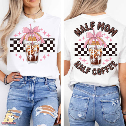 a woman wearing a half mom half coffee shirt