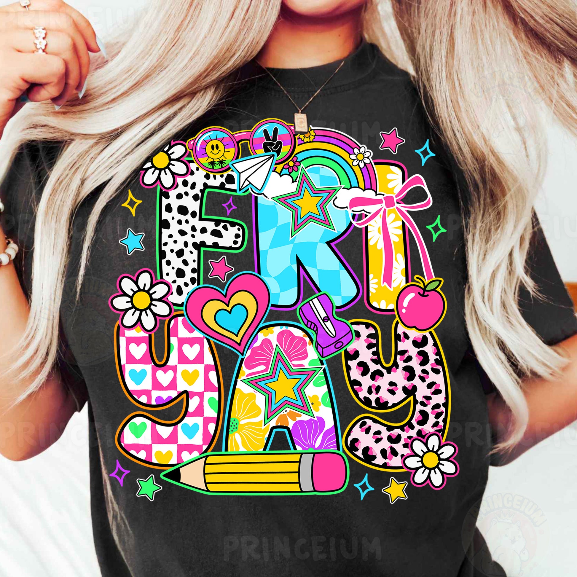 a woman wearing a black t - shirt with colorful letters