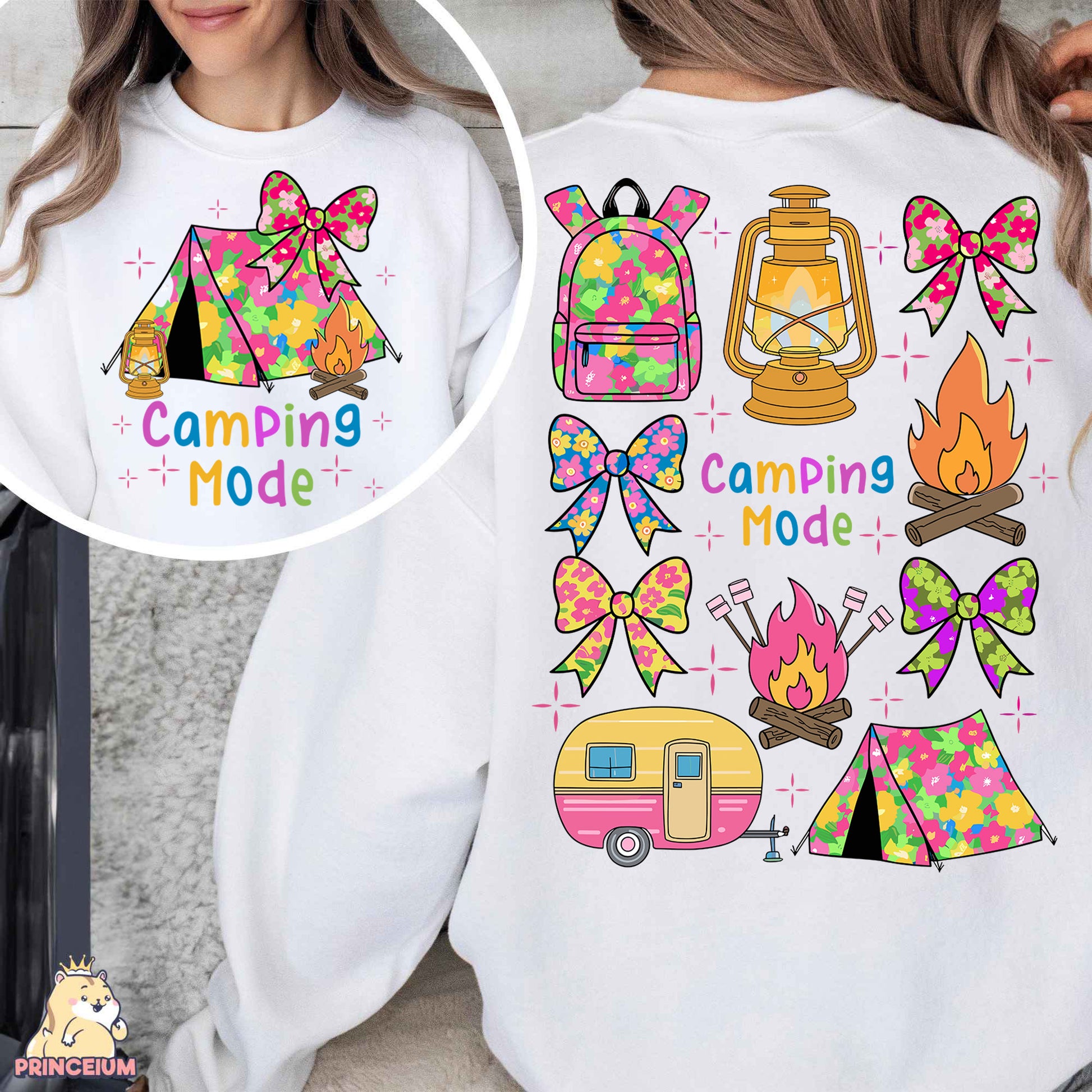 a woman wearing a white shirt with colorful campers on it