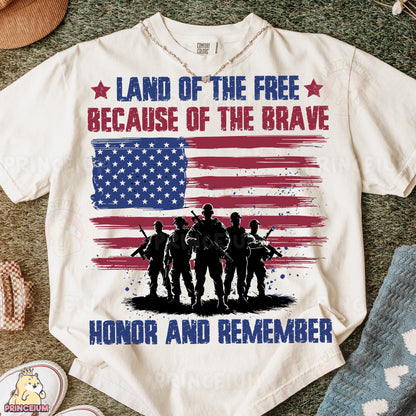 a t - shirt that says land of the free because of the brave