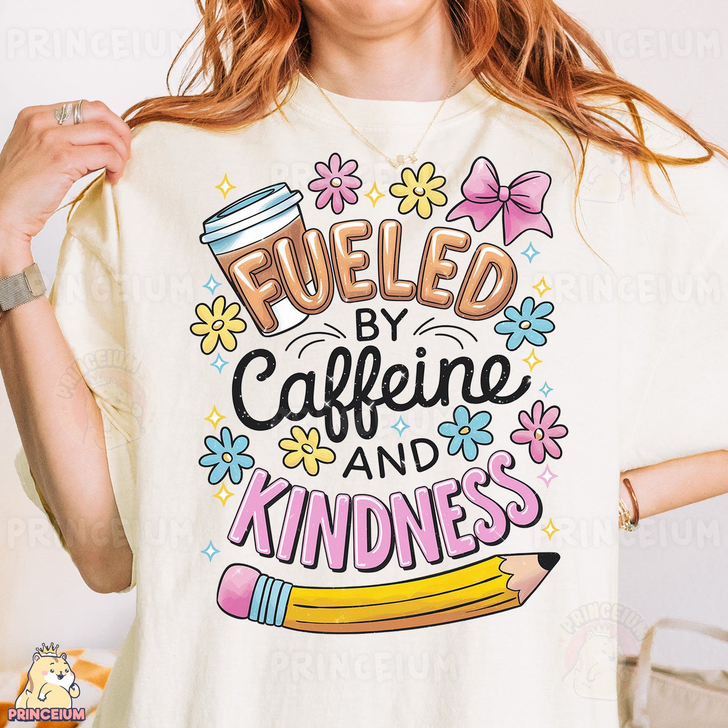 a woman wearing a t - shirt that says fueled by caffeine and kind