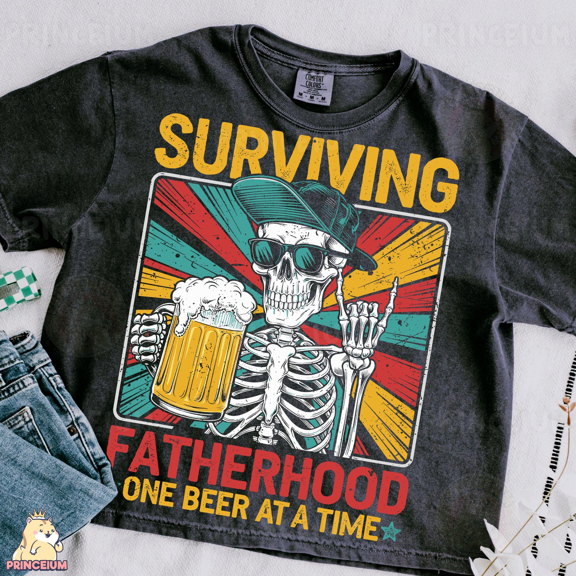 a t - shirt that says surviving fatherhood one beer at a time