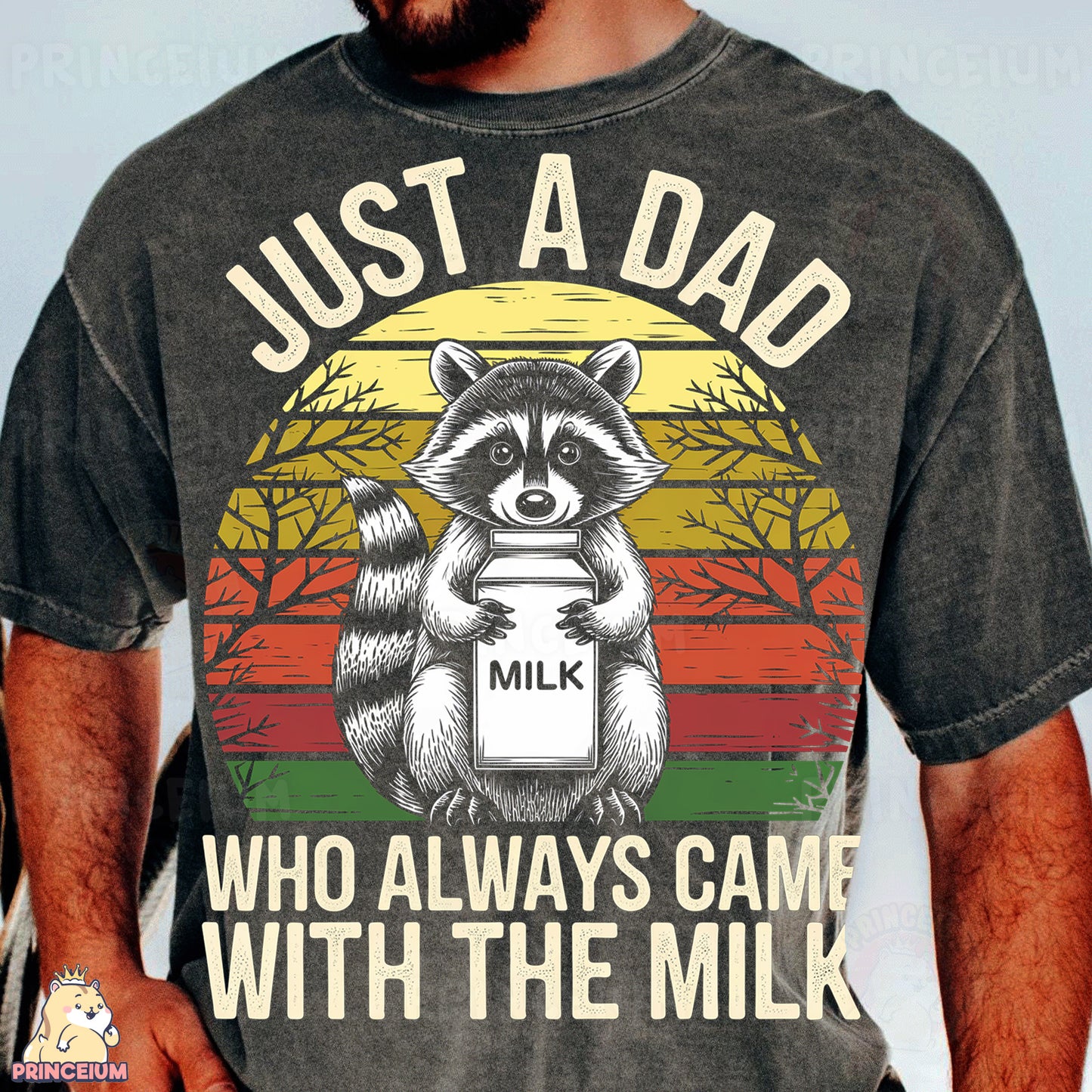 a man wearing a shirt that says just a dad who always came with the milk