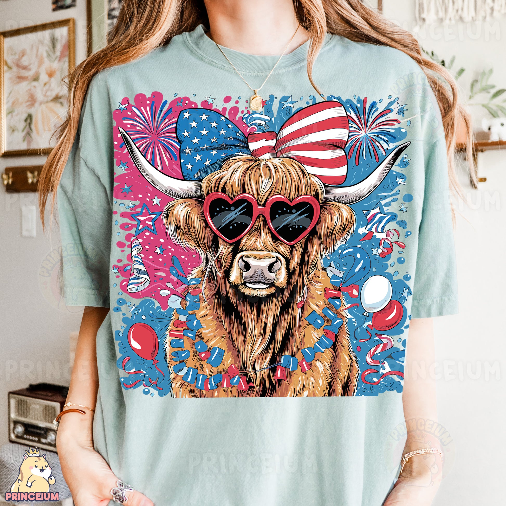 a woman wearing a t - shirt with a bull wearing sunglasses
