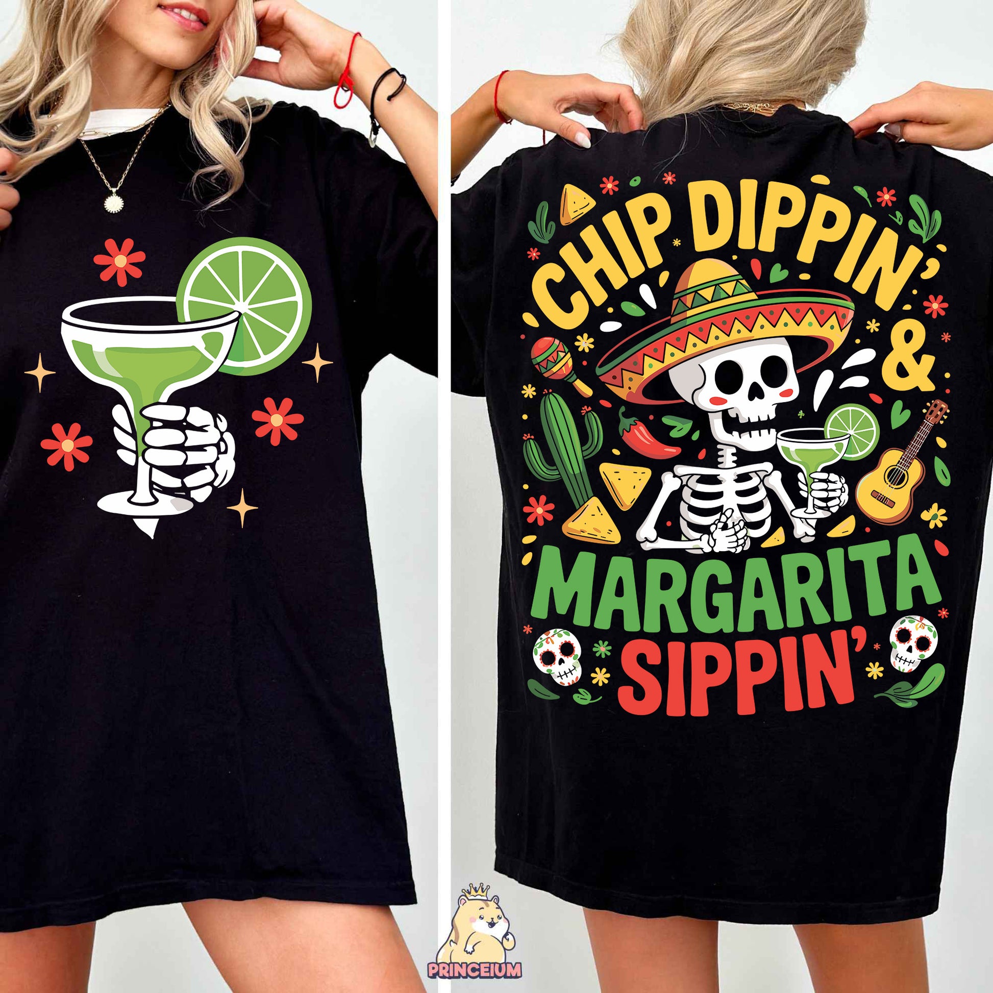 a woman wearing a black shirt with a skeleton holding a margarita