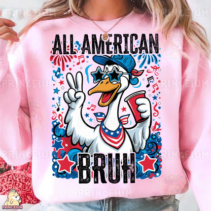 a woman wearing a pink sweatshirt with an image of a duck on it