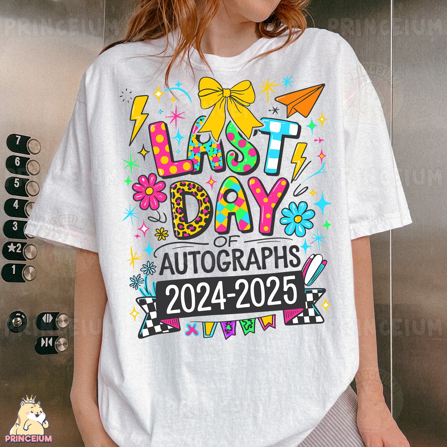 a woman wearing a t - shirt that says last day of autographs