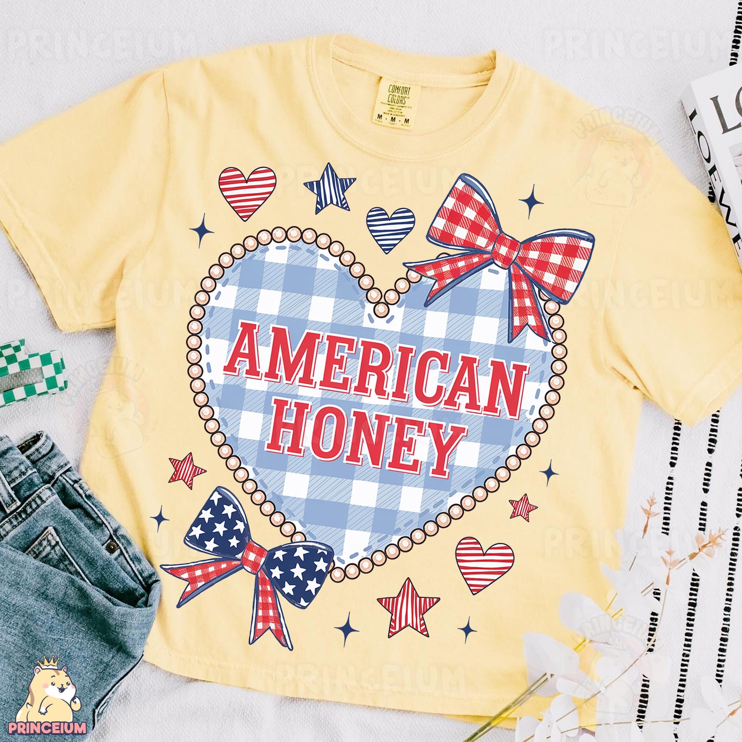 a yellow american honey t - shirt with red, white, and blue bows