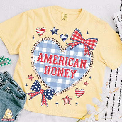 a yellow american honey t - shirt with red, white, and blue bows