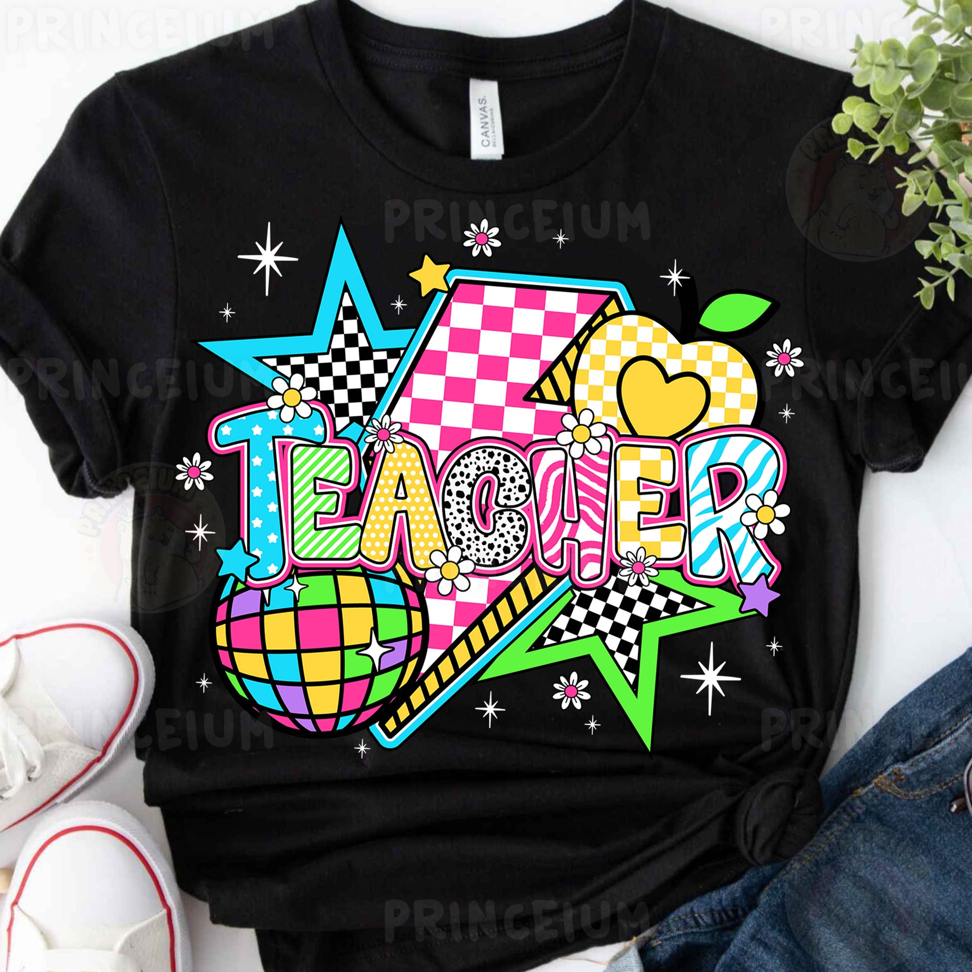 a black tshirt with a checkered design on it