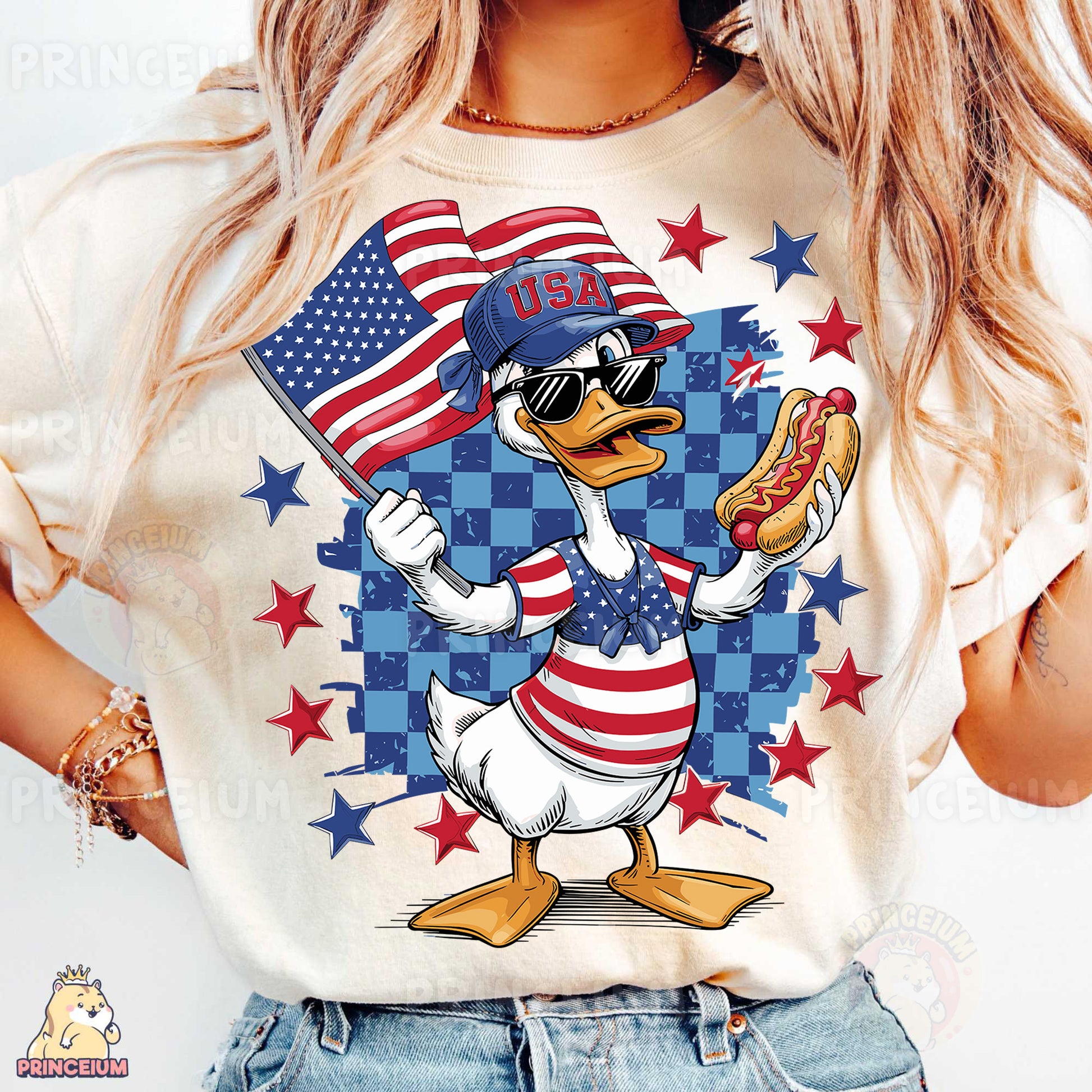 a woman wearing a donald duck t - shirt holding a hot dog