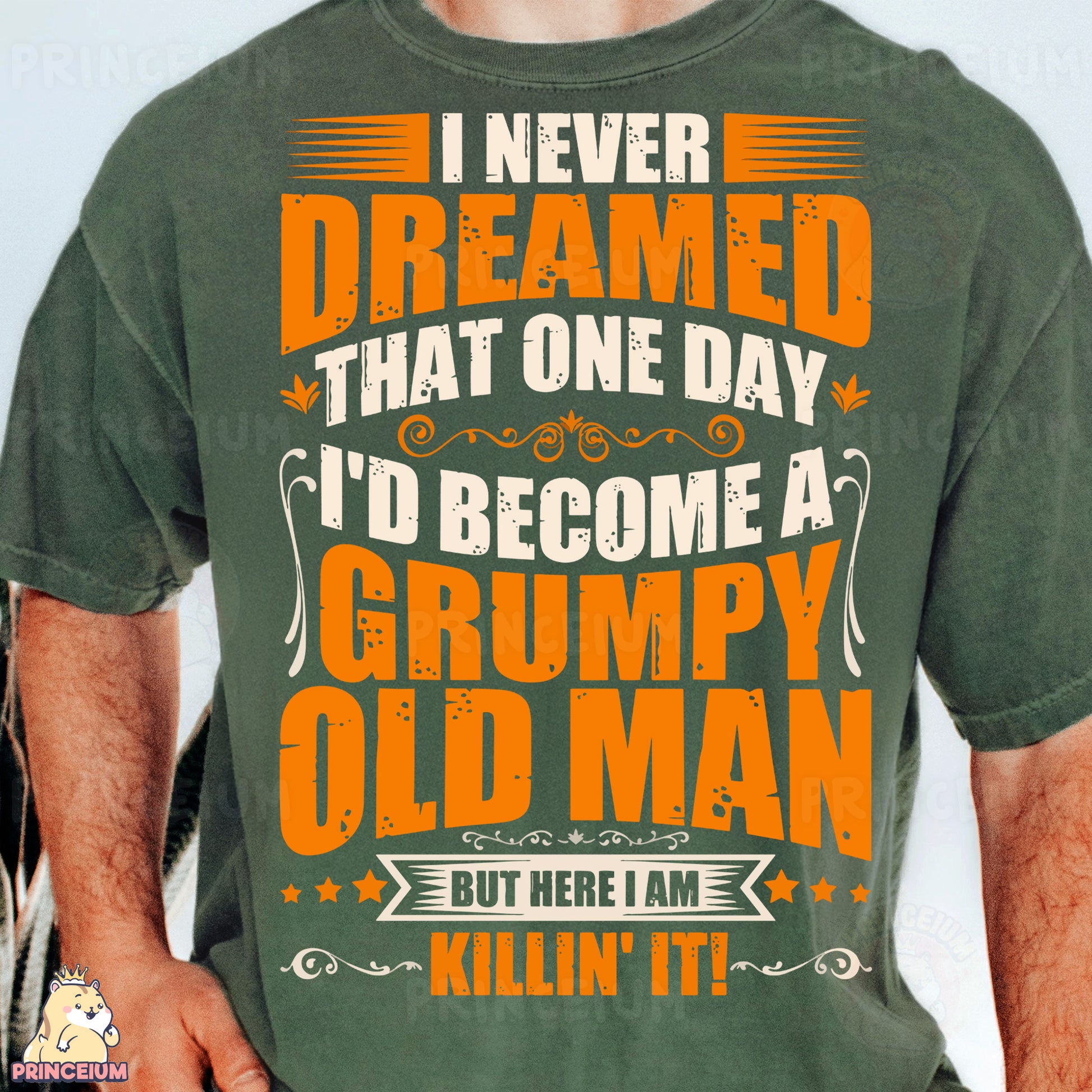 a man wearing a green t - shirt with a grumpy old man on