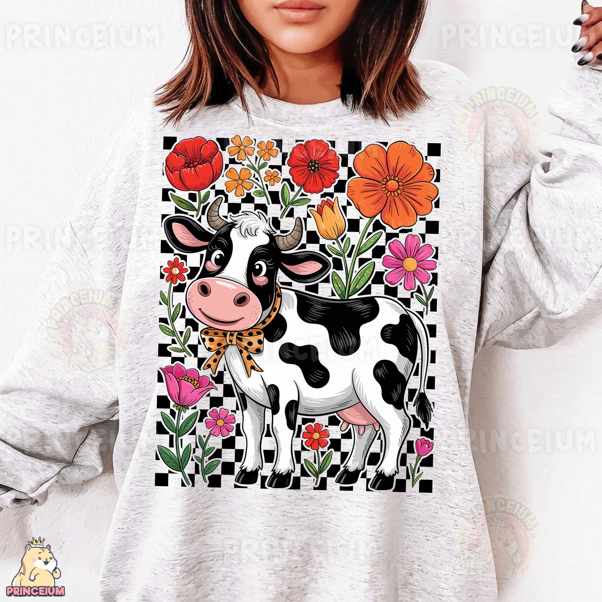 a woman wearing a sweatshirt with a cow on it