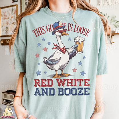 a woman wearing a t - shirt that says, this goose is loose red white