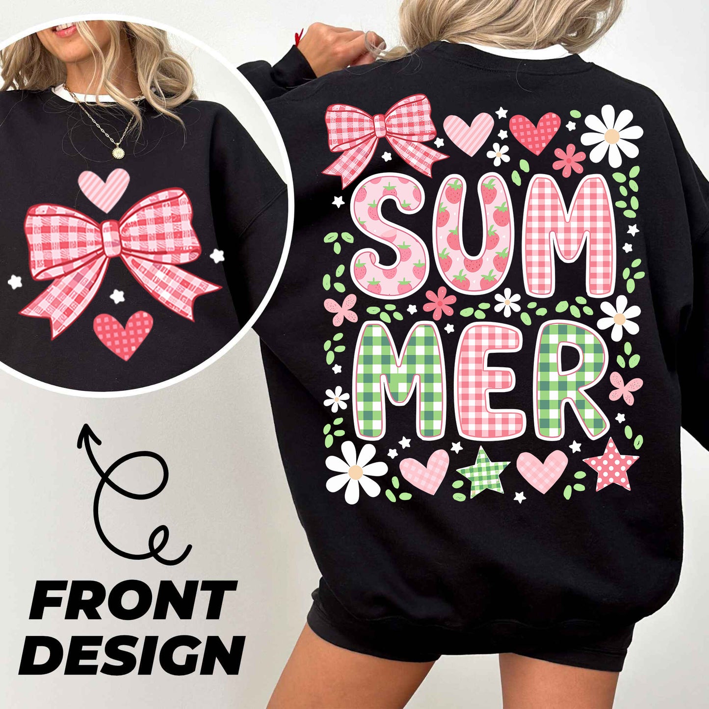 a woman wearing a black sweatshirt with pink and green bows