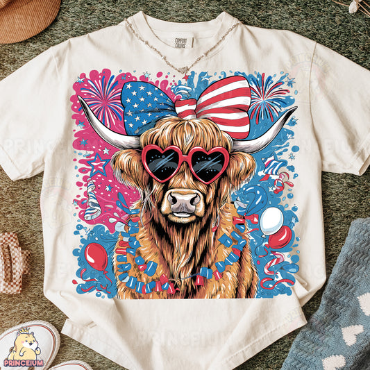 a bull wearing sunglasses and a patriotic shirt