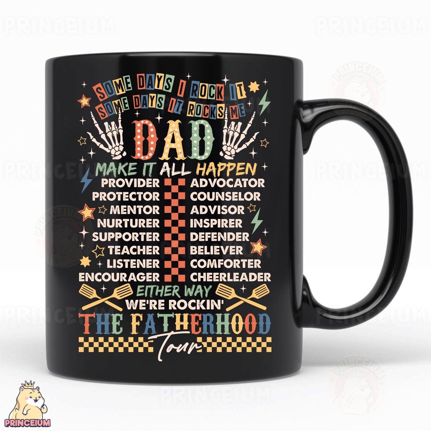 a black coffee mug with the words dad on it