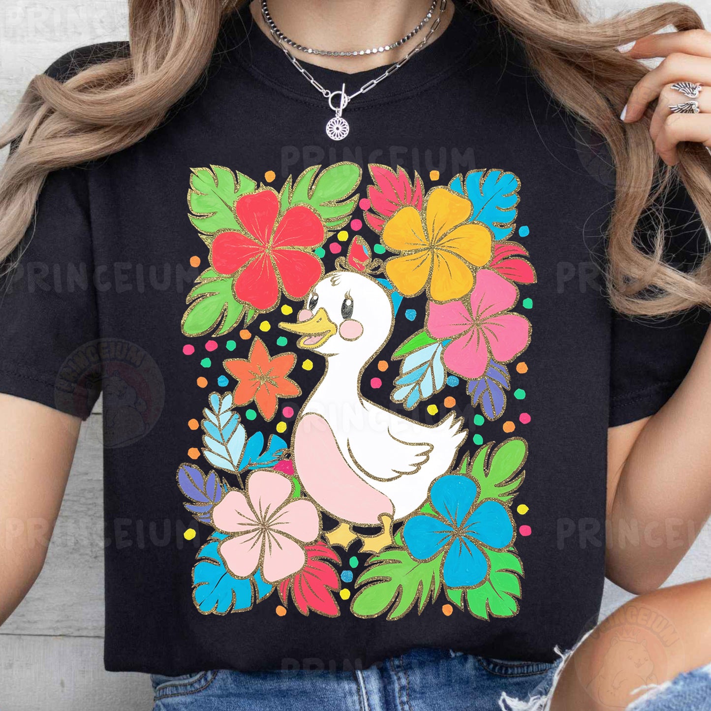 a woman wearing a t - shirt with a duck and flowers on it