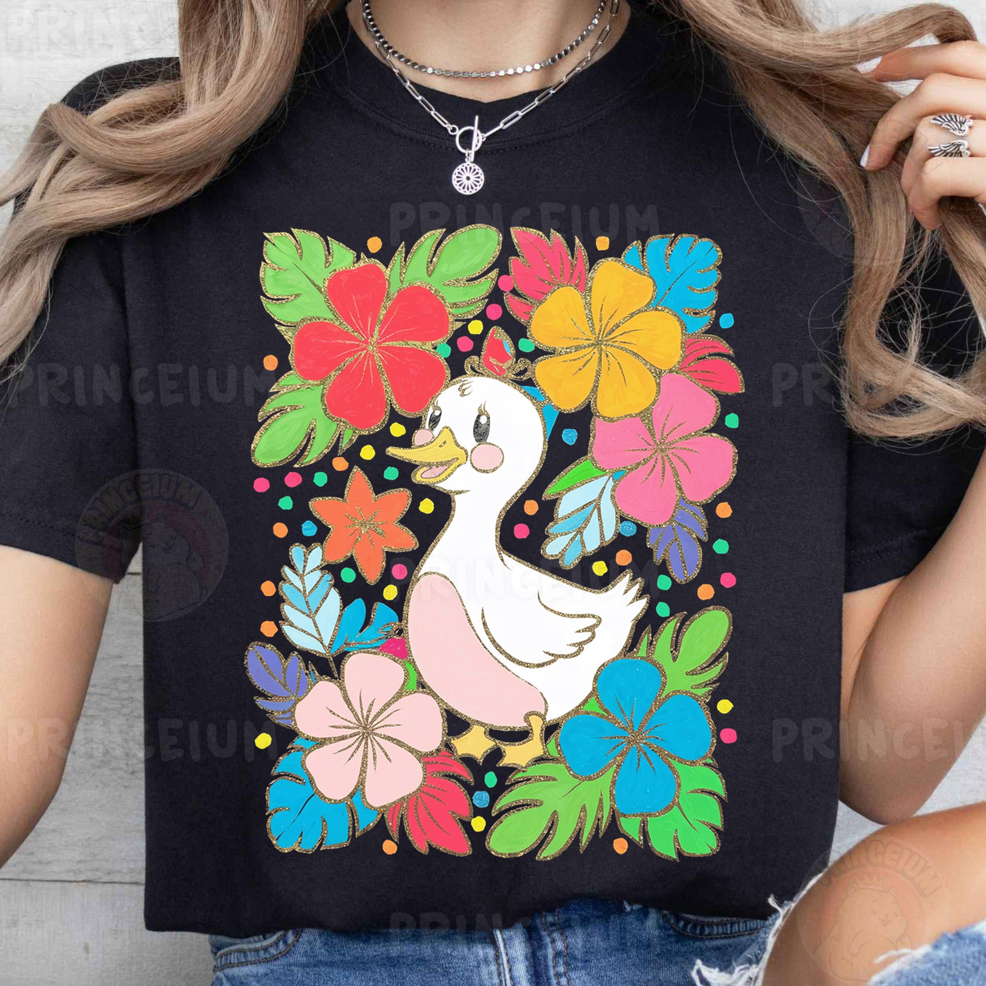 a woman wearing a t - shirt with a duck and flowers on it