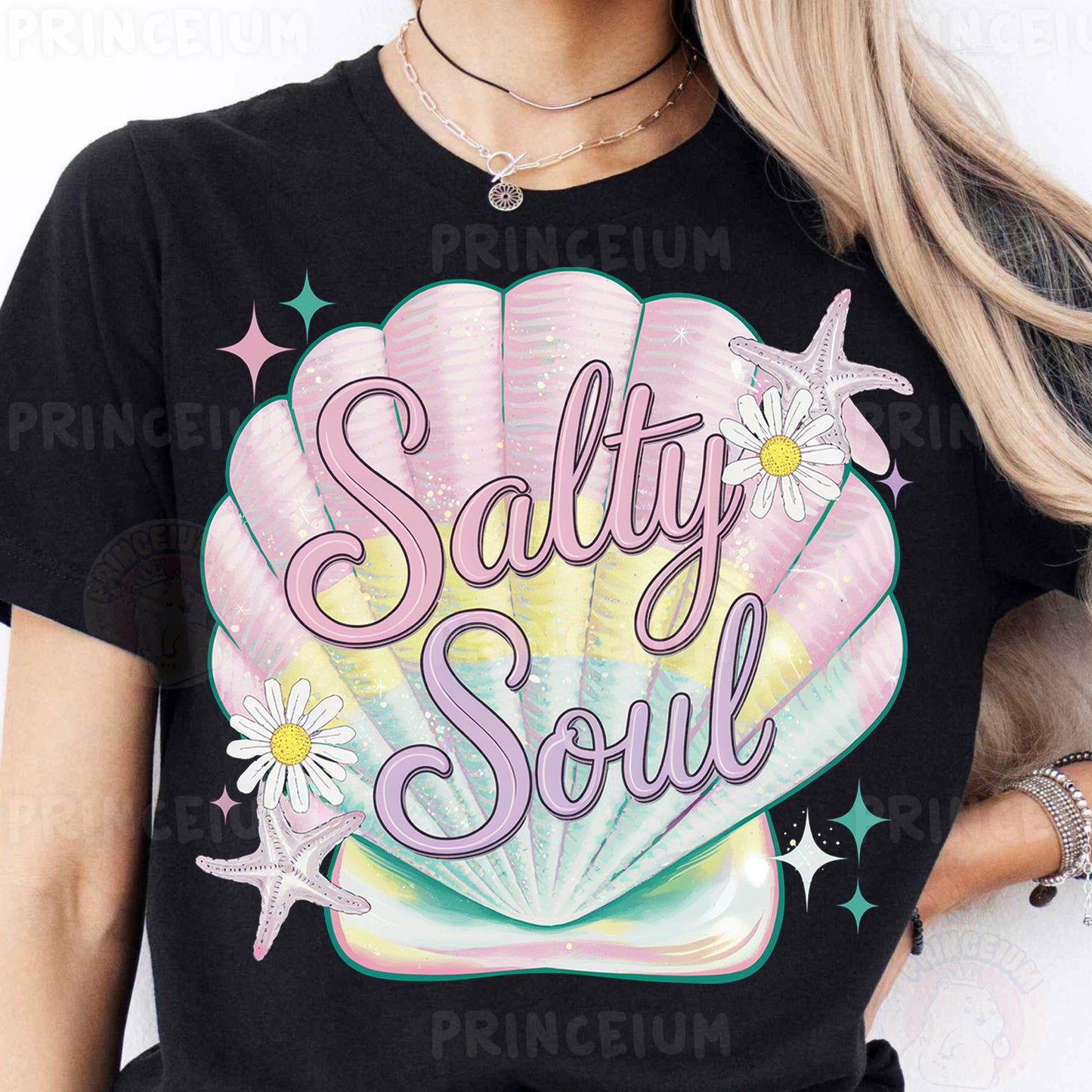 a woman wearing a t - shirt that says salty soul