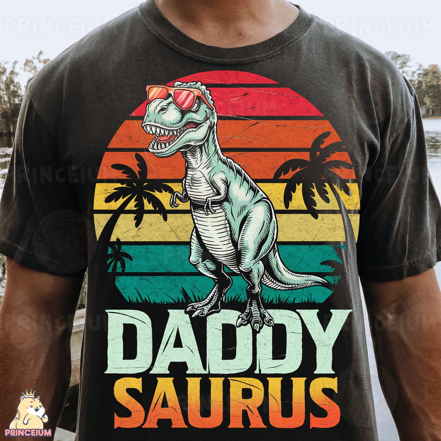 a man wearing a t - shirt with a dinosaur on it