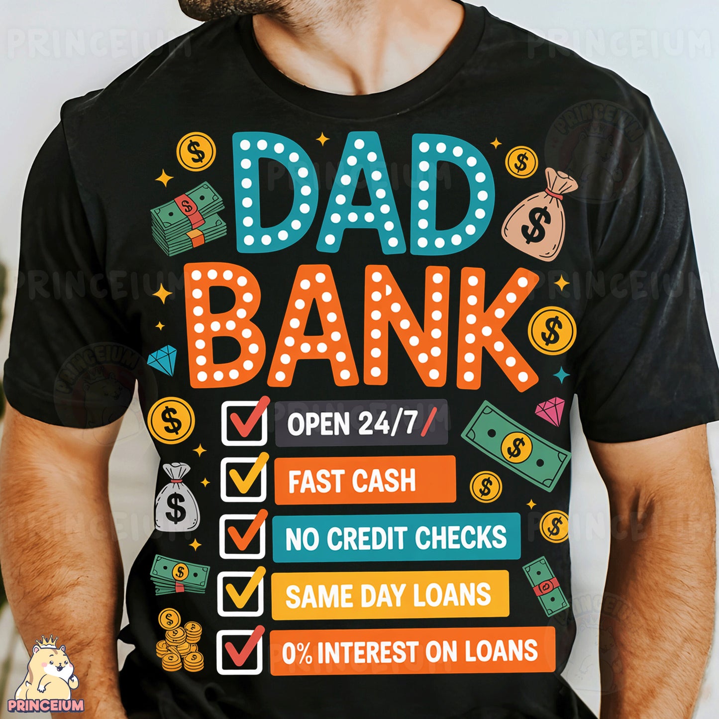 a man wearing a t - shirt that says dad bank