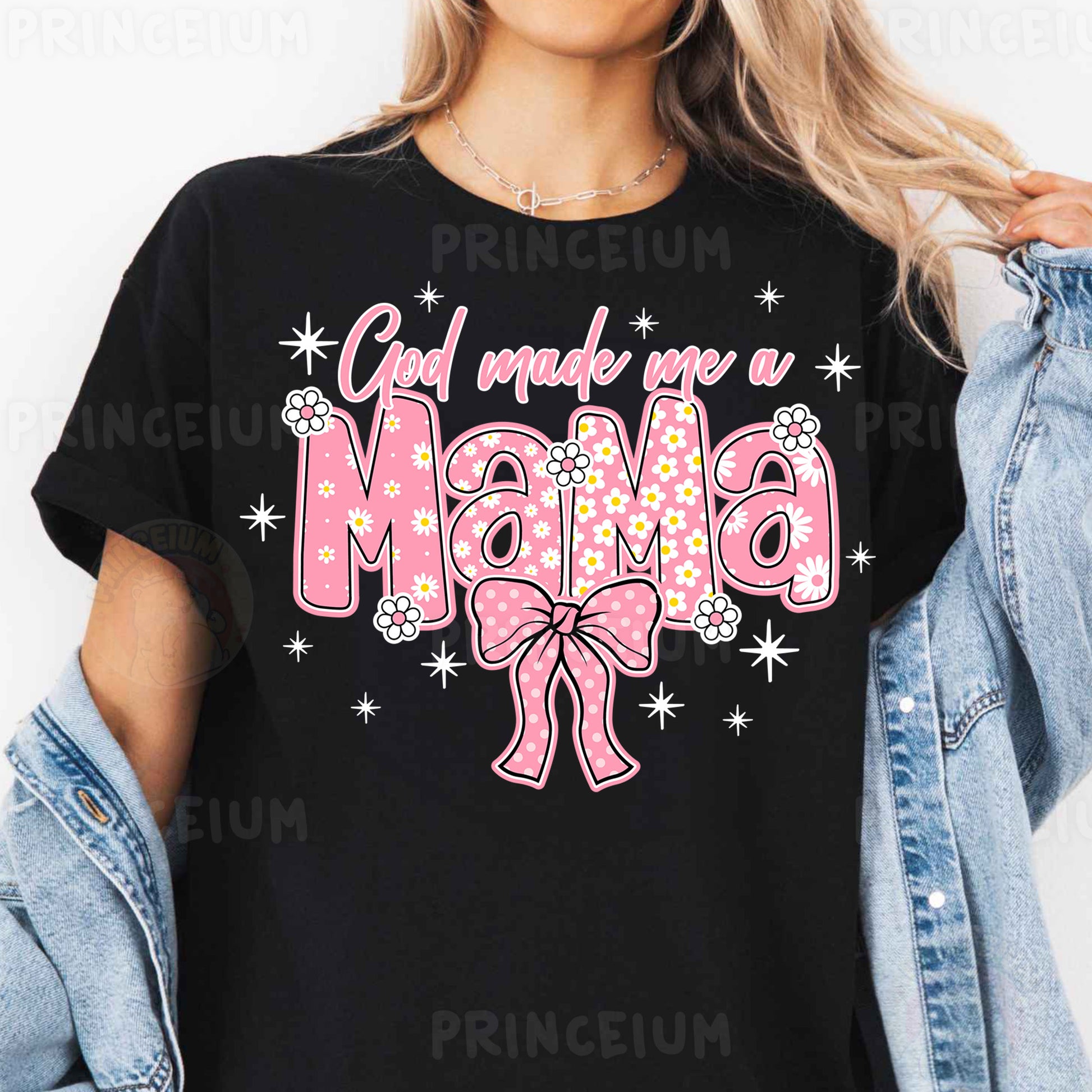 a woman wearing a black shirt with a pink bow