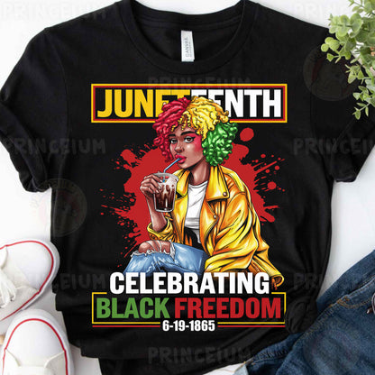 a black woman wearing a yellow jacket and drinking a drink