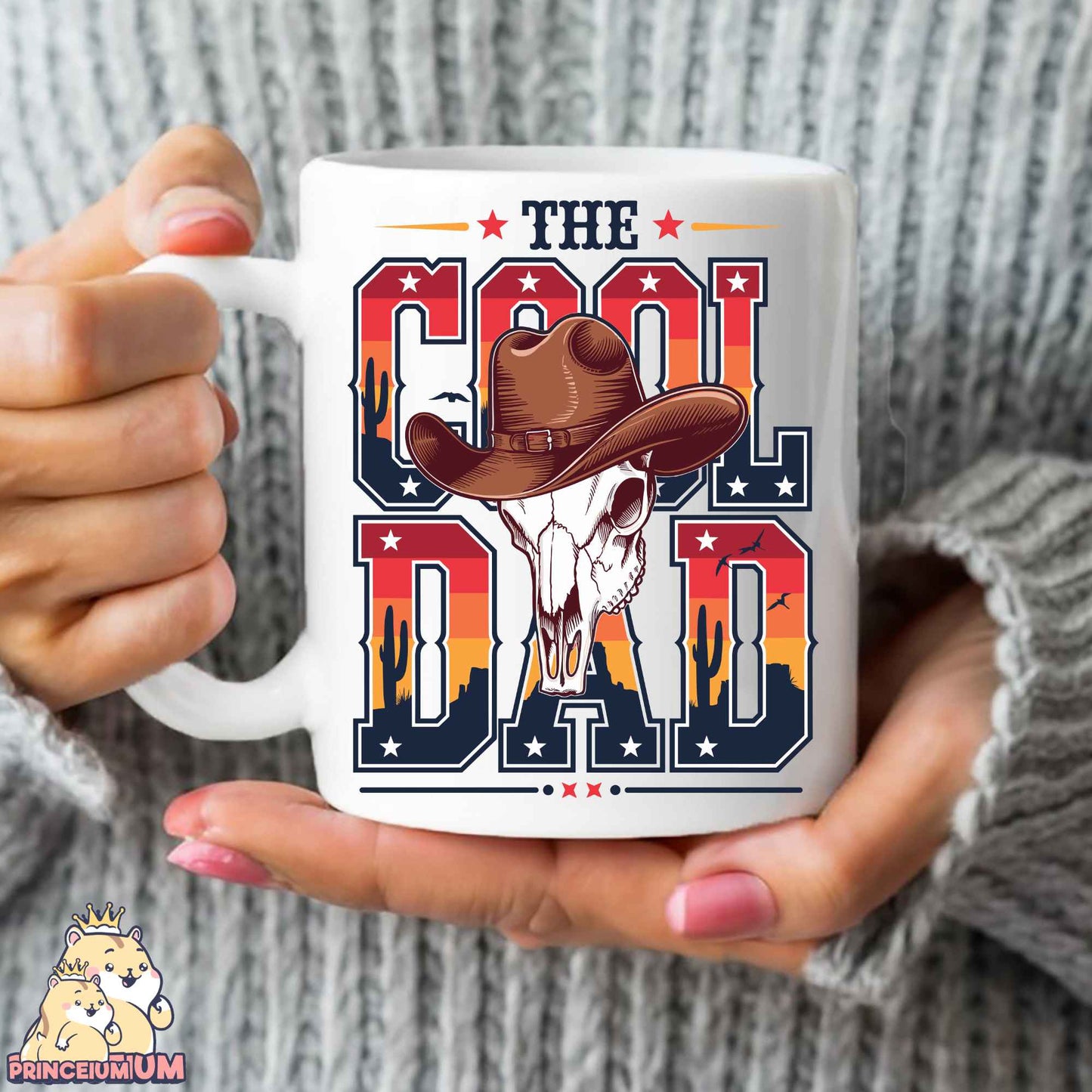 a woman holding a coffee mug with a cow skull on it