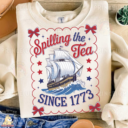 a t - shirt that says spilling the tea with a ship on it