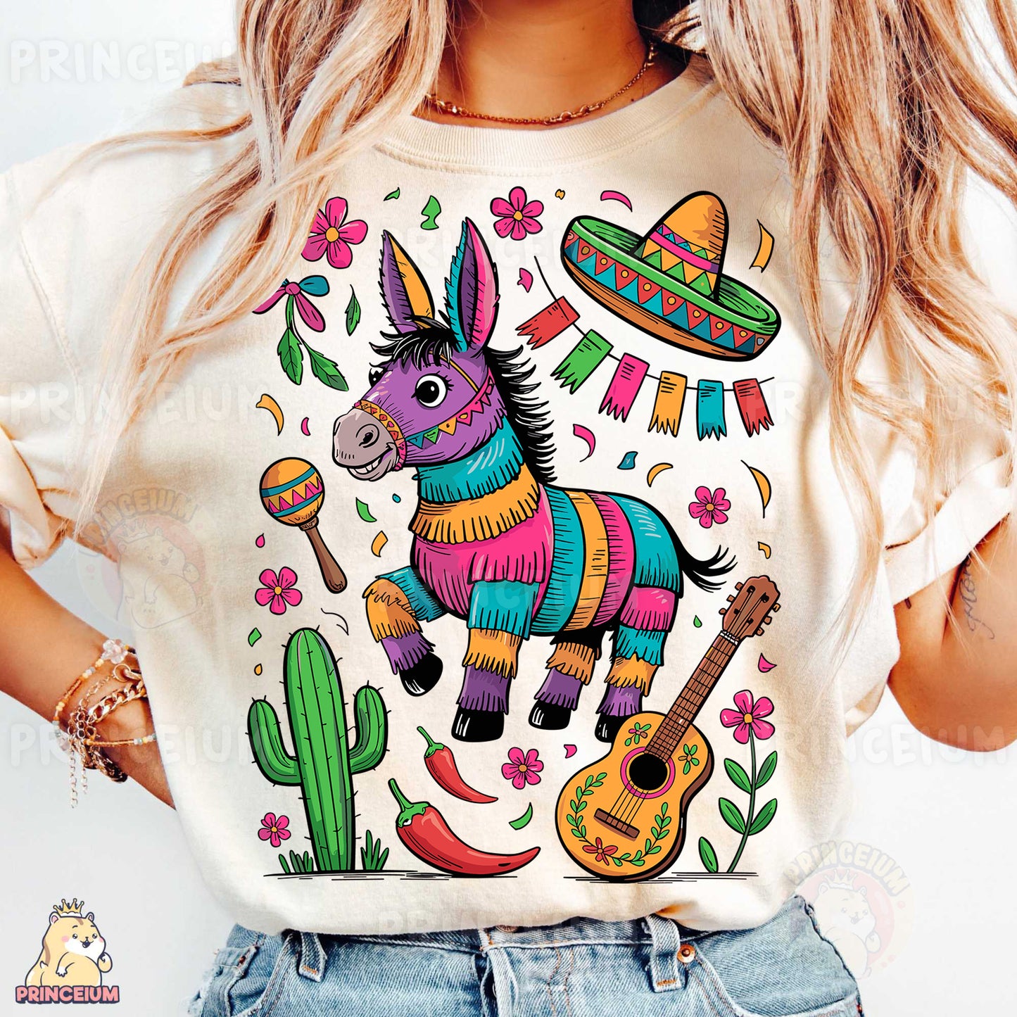 a woman wearing a t - shirt with a mexican donkey on it
