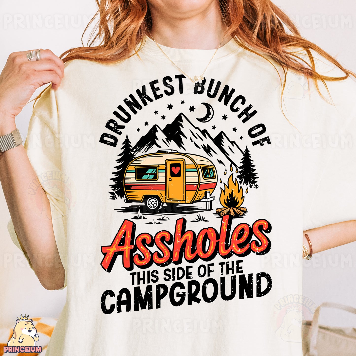 a woman wearing a t - shirt with a camper on it