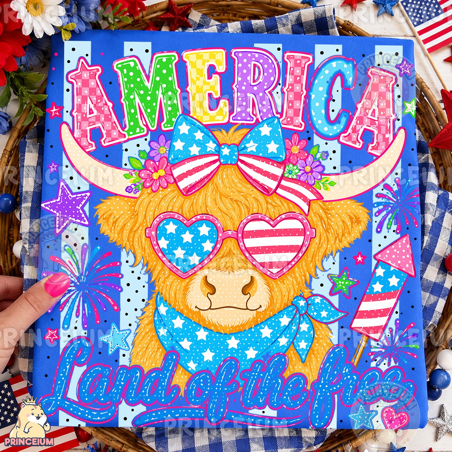 America Land of the Free PNG, Patriotic Highland Cow 4th of July Design, Americana Sublimation Graphic