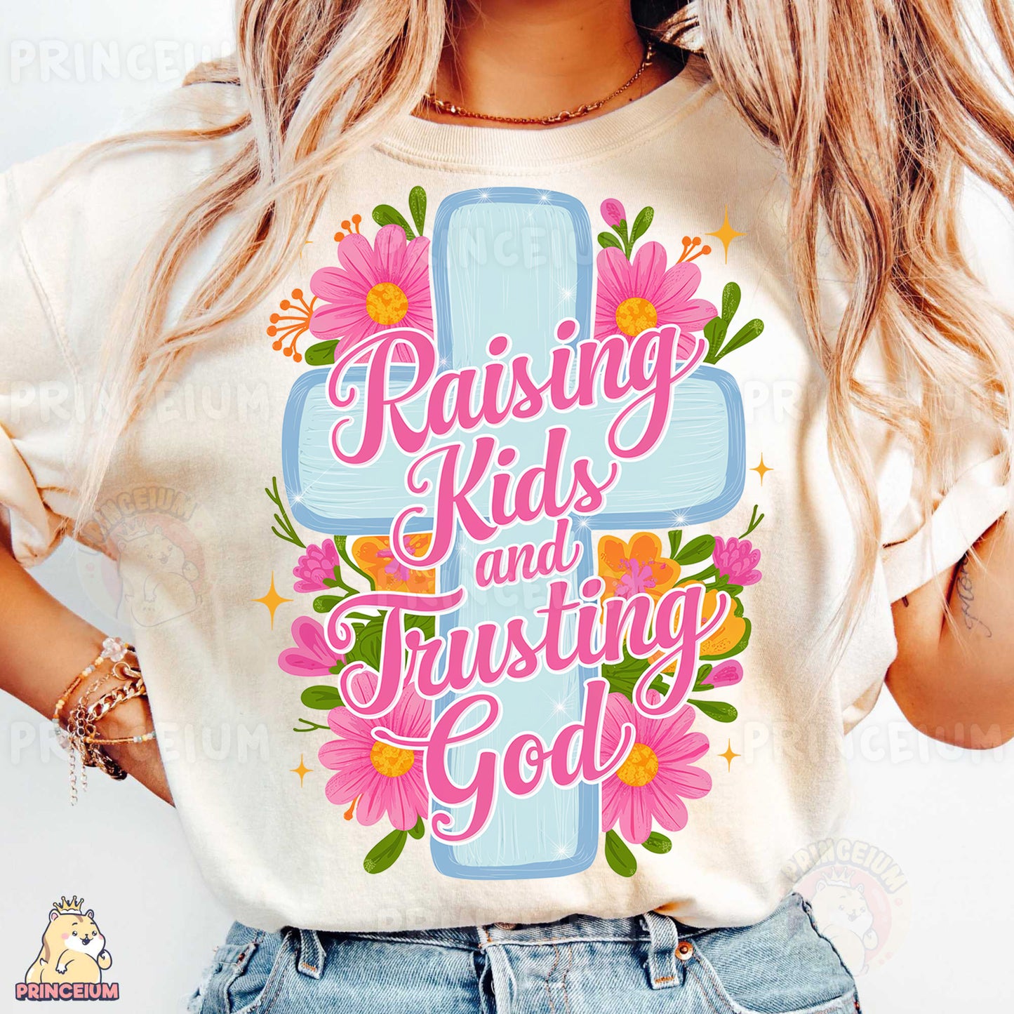 Raising Kids and Trusting God PNG | Christian Sublimation Design with Cross & Flowers