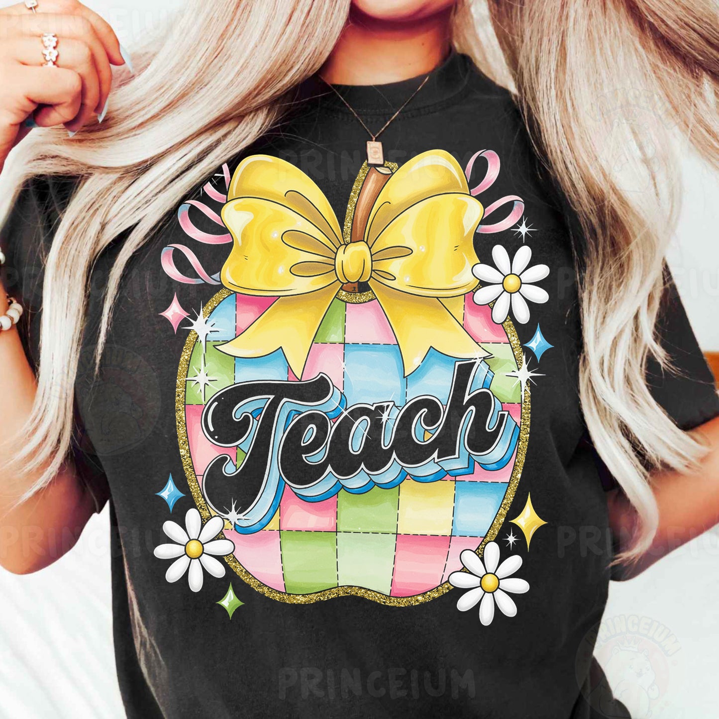 Colorful Patchwork Apple “Teach” PNG – Cute Teacher Shirt Digital Download