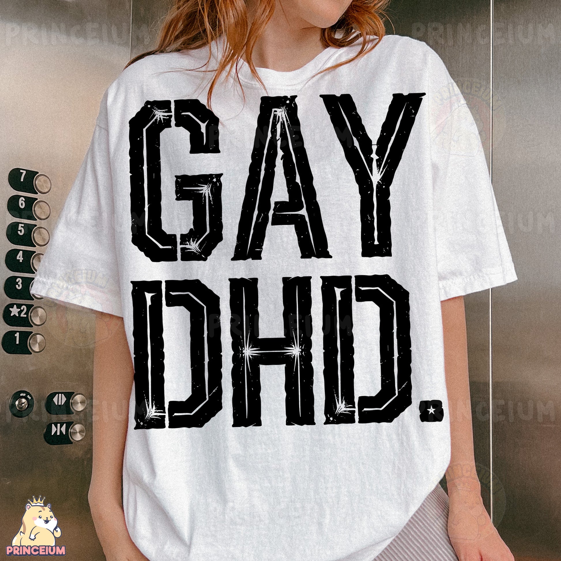 a woman wearing a white shirt with the word gay chic printed on it