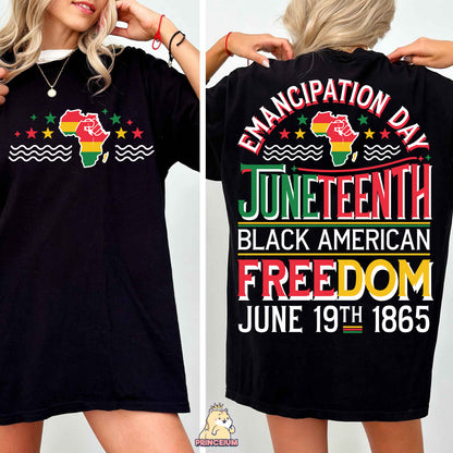 a woman wearing a black t - shirt that says black american freedom
